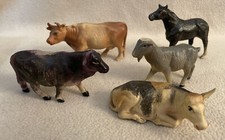 5 Vintage Celluloid Barnyard Animals 3 Cows Goat Horse Putz Train Inv 436 