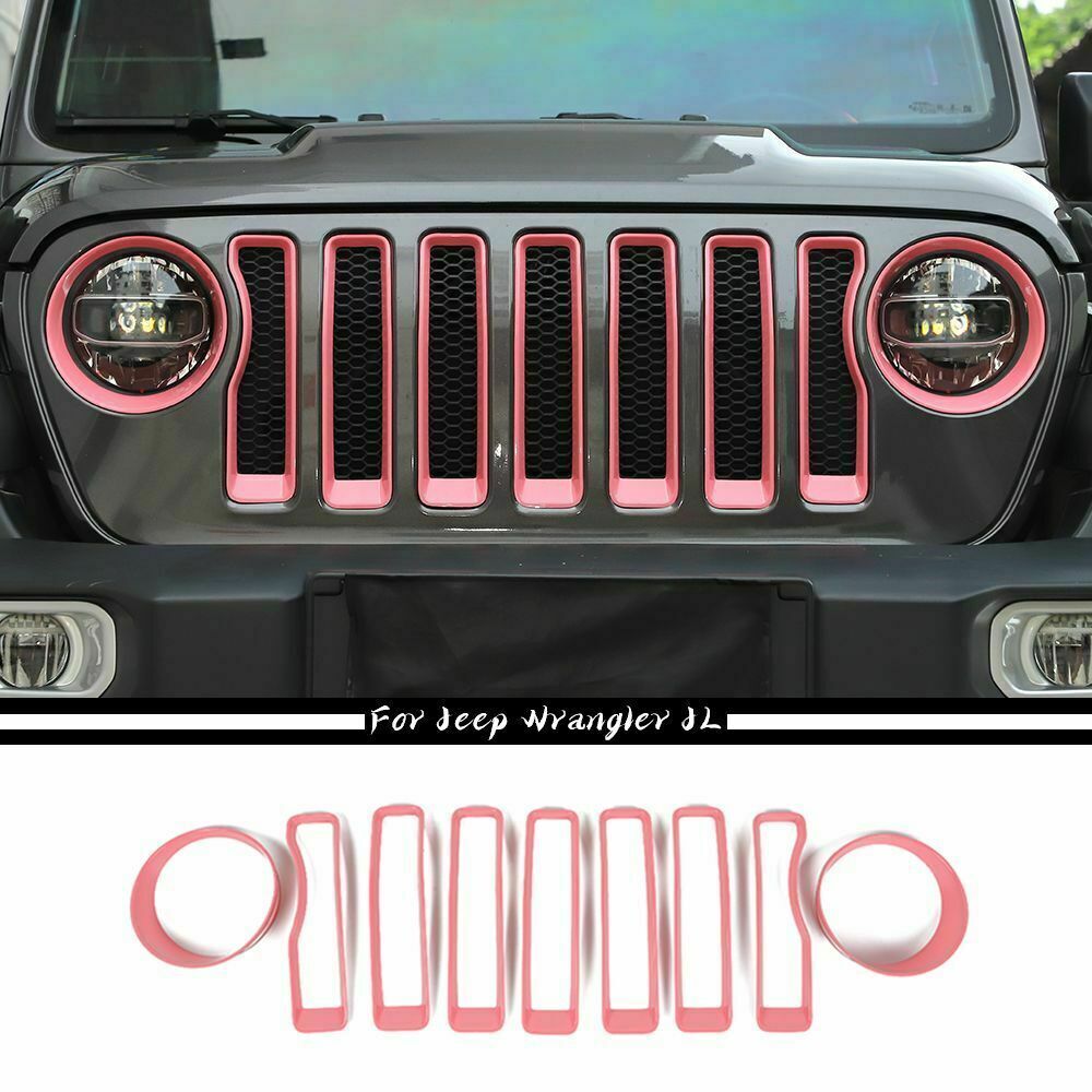 Pink Front Grill Inserts & Headlight Cover Trim Kit for 18+ Jeep Wrangler JL JLU