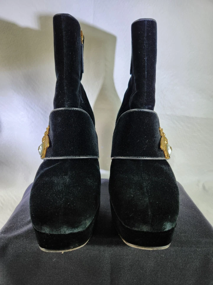 Gucci Glitter Heel Pearl Bee Black Velvet Ankle Platform Boots Size EU37 DS29 - Image 3 of 4
