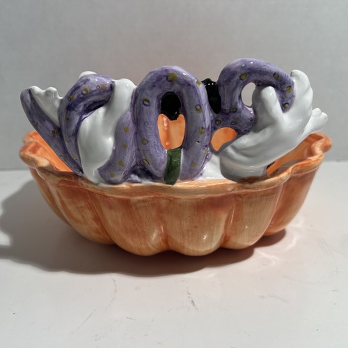 Halloween Candy Dish Pumpkin Ghost Bat - Ceramic Bowl Jack O Lantern - 9.5” - Picture 7 of 10