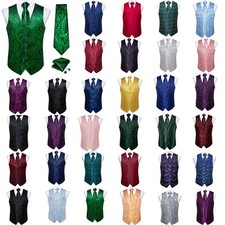 S-5XL Plus Size Mens Vest Tie or Bowtie Handkerchief Cufflinks Set Casual Party