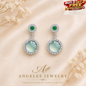 Authentic Natural Jadeite Jade Drop Dangle Earrings Halo Crystal Gem 18K White Gold Plated