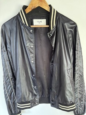 CELINE Black Bomber Jacket Men's XS Snap Closure Striped Ribbed Trim Button