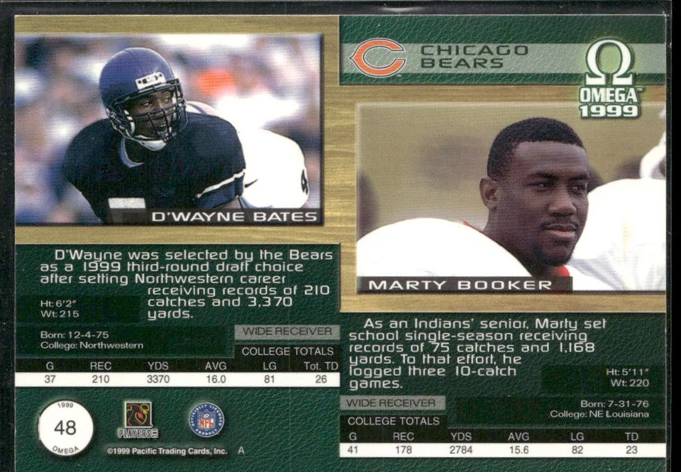 D'Wayne Bates / Marty Booker 1999 Pacific Omega #48 RC Chicago Bears - Image 2 of 2