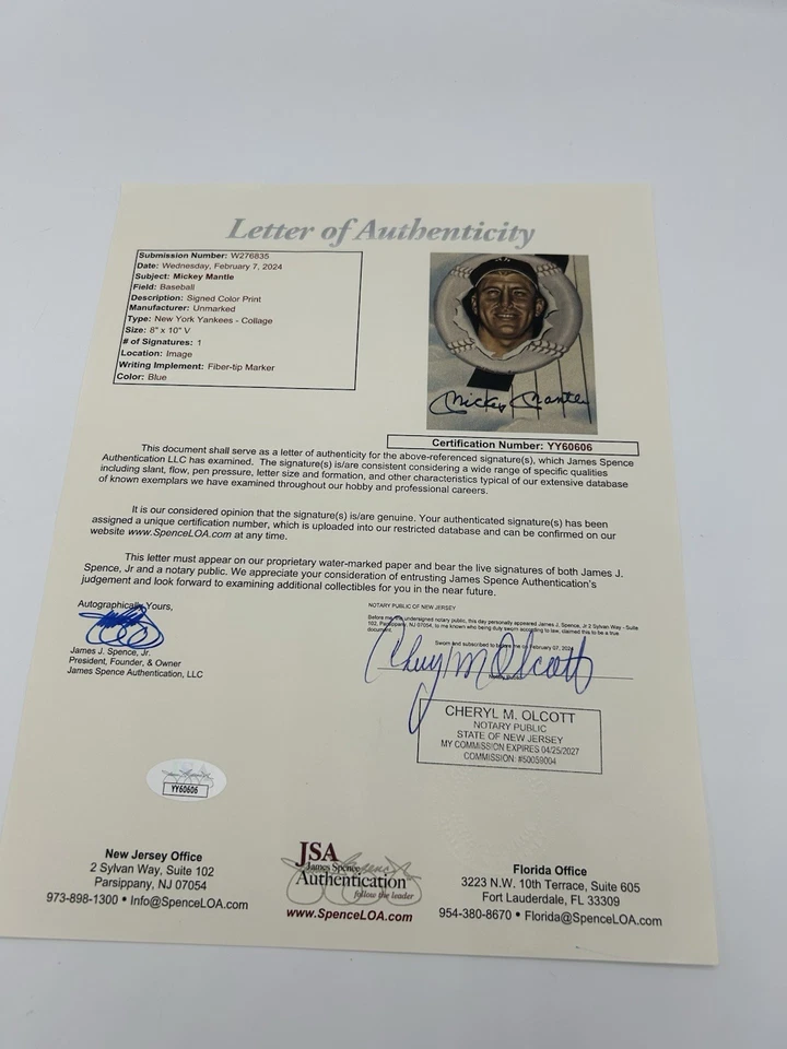 Mickey Mantle Signed Autographed 8x10 Photo With JSA FULL LETTER OF AUTHENTICITY - Image 3 of 3