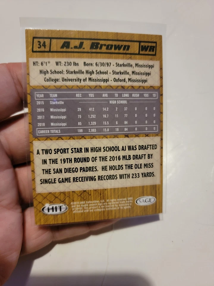 2019 SAGE HIT Premier Draft A. J. Brown ROOKIE RC #34 Titans Eagles - Image 2 of 2