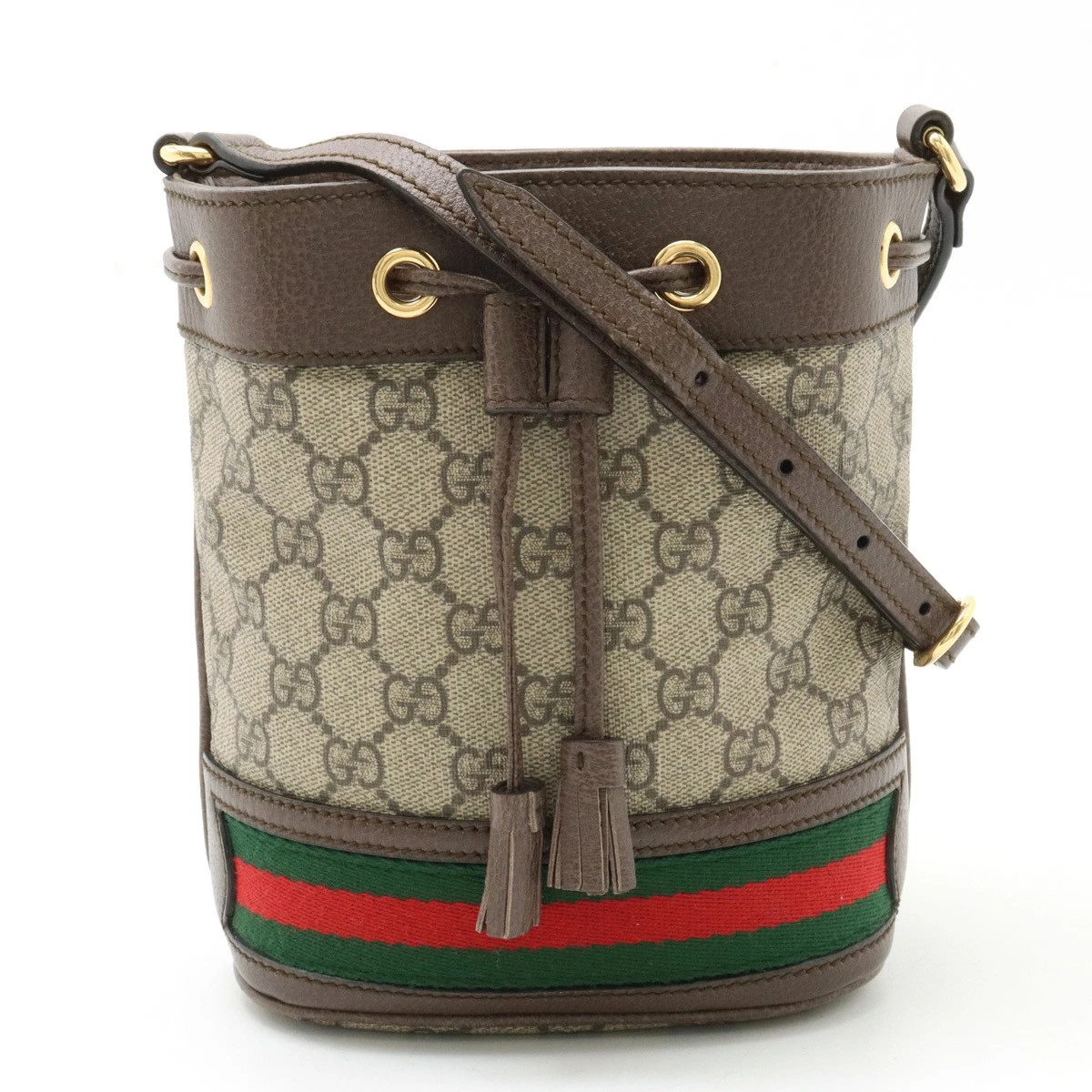 GUCCI Offidia GG Supreme Mini Bucket Bag Web Line Shoulder Bag Drawstring Leat