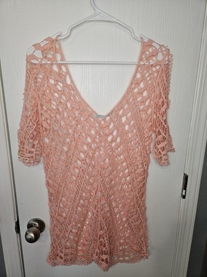 Maurices Womens Pink Crochet Lace Cold Shoulder Cover Up Blouse Top Size Large