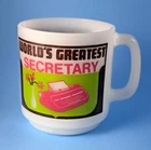 Vintage Glasbake World's Best Secretary Milk Glass Mug with Typewriter and Vase