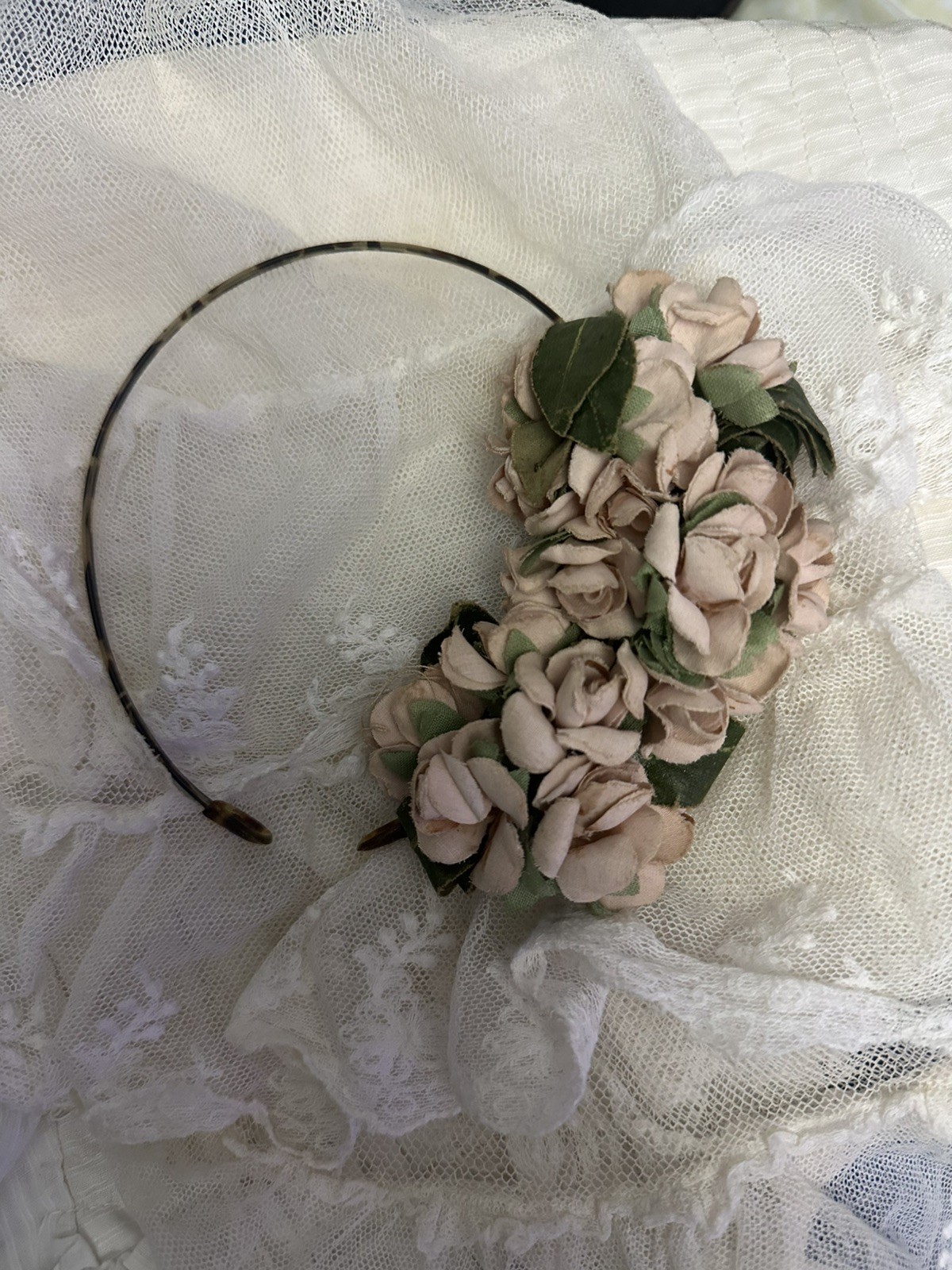 Vintage 1930s Floral Headband Soft Pink Linen Flo… - image 1