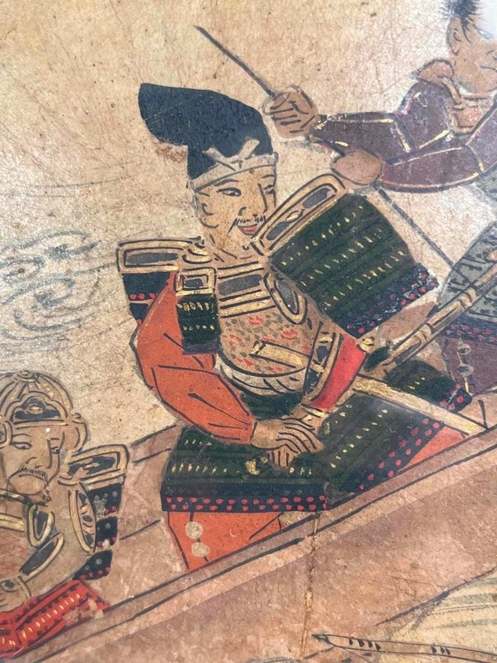 Antiguo japonés Edo firmado Ukiyo-e barco samurai batalla papel abanico hoja pintura Foto 4 de 4