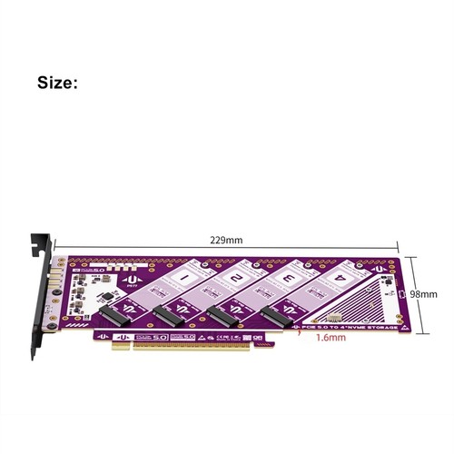 Scheda adattatore PCIE 5.0 X16 a 4 porte M.2 NVMe PCIe 16x 5.0 Gen5 4 dischi split card - Foto 5 di 7