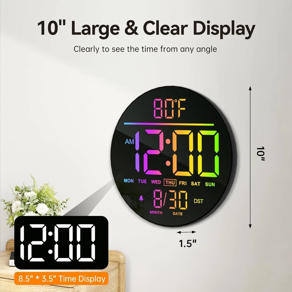 Digital Wall Clock 10 Inch RGB LED Display with Alarm and Timer for Bedroom - Image 4 of 4