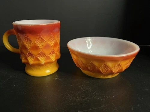 Vintage Anchor Hocking Fire King Kimberly Diamond Pattern Coffee Mug & Bowl