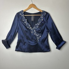 XSCAPE Joanna Chen Formal Top Navy Satin Floral Embroidery Sequin Classic Art 12