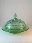 U.S. Glass Floral and Diamond Banded Green Butter Dish