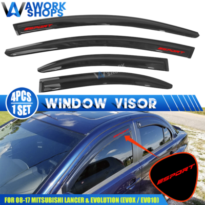 4-Piece Smoke Tint Window Visor Set For 2008-2017 Mitsubishi Lancer & Evo X - Tape-On, No Drill