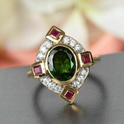 3Ct Oval Cut Lab Created Green Emerald Women Ring 14k Yellow Gold Plated Silver