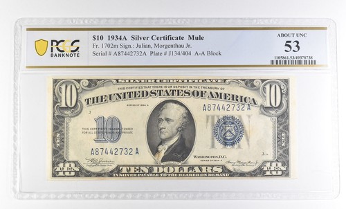 1934 A $10 Silver Certificate Mule Fr#1702m About Unc 53 PCGS *2825