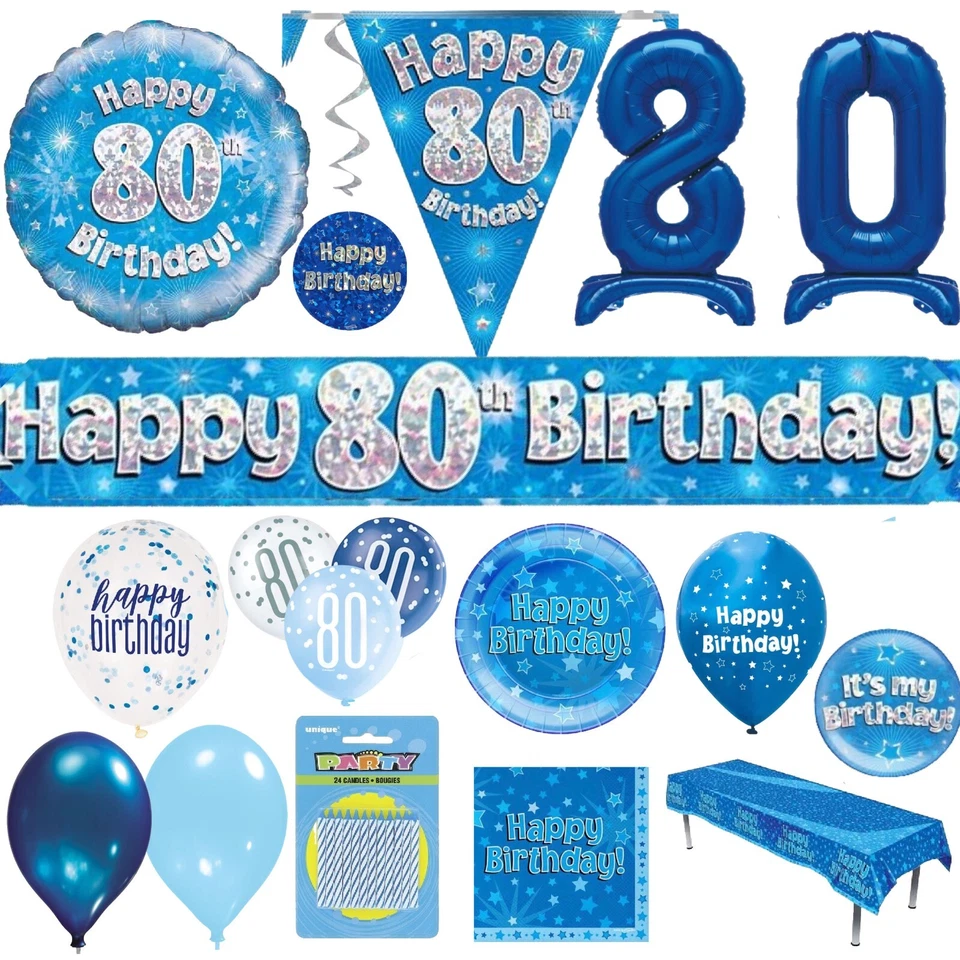 OAKTREE UK Blue 80th Happy Birthday Party Decorations Banner Bunting Balloons Candle Age 80