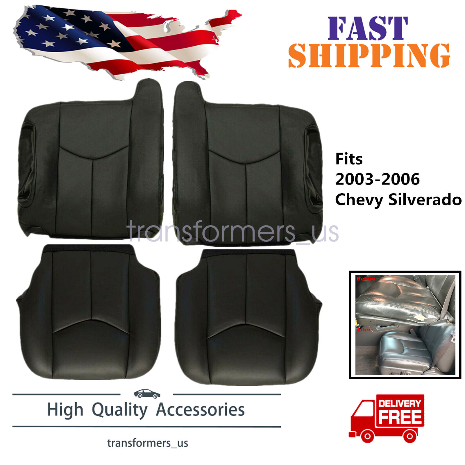 2003-2006 Chevy Silverado 1500 2500 HD Black Leather Front Seat Cover