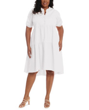 London Times Plus Size Ruffle Neck High Low White 22W