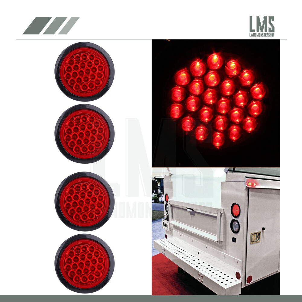 4X Red 4 Inch Round LED Side Marker Lights Rubber Mount Truck Trailer