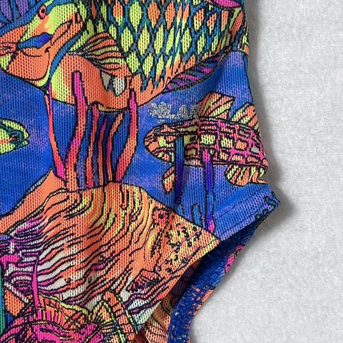 Vintage Solar Mesh One Piece Swimsuit Size 7/8 See Through Neon Fish 80s 90s - Picture 6 of 10