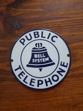 Vintage 7” Round Bell System Public Telephone Sign   Porcelain