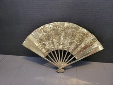 Vintage Solid Brass Oriental Style Hand Fan Raised Phoenix Dragon Wall Decor 1