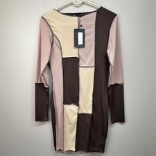 PrettyLittleThing Ribbed Patchwork Mini Dress Brown Tan Mauve USA 10 NWT