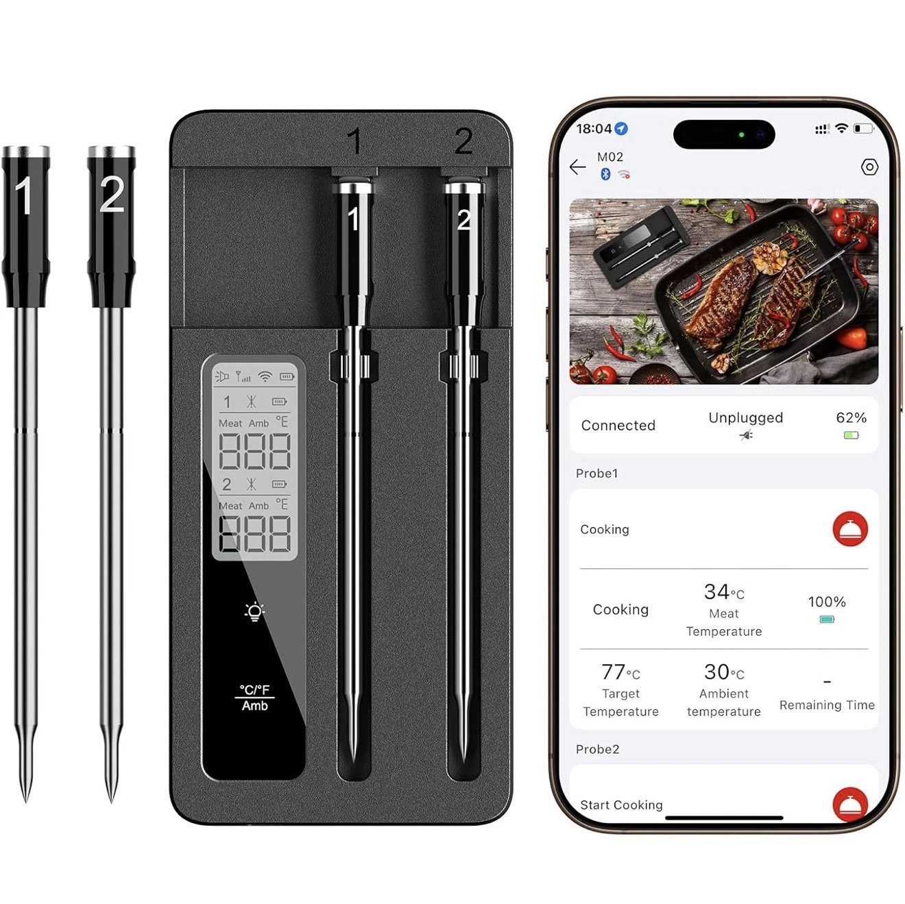 ROUUO Rechargeable 2000 mAh Wireless Meat Thermometer Model M02 New Open Box