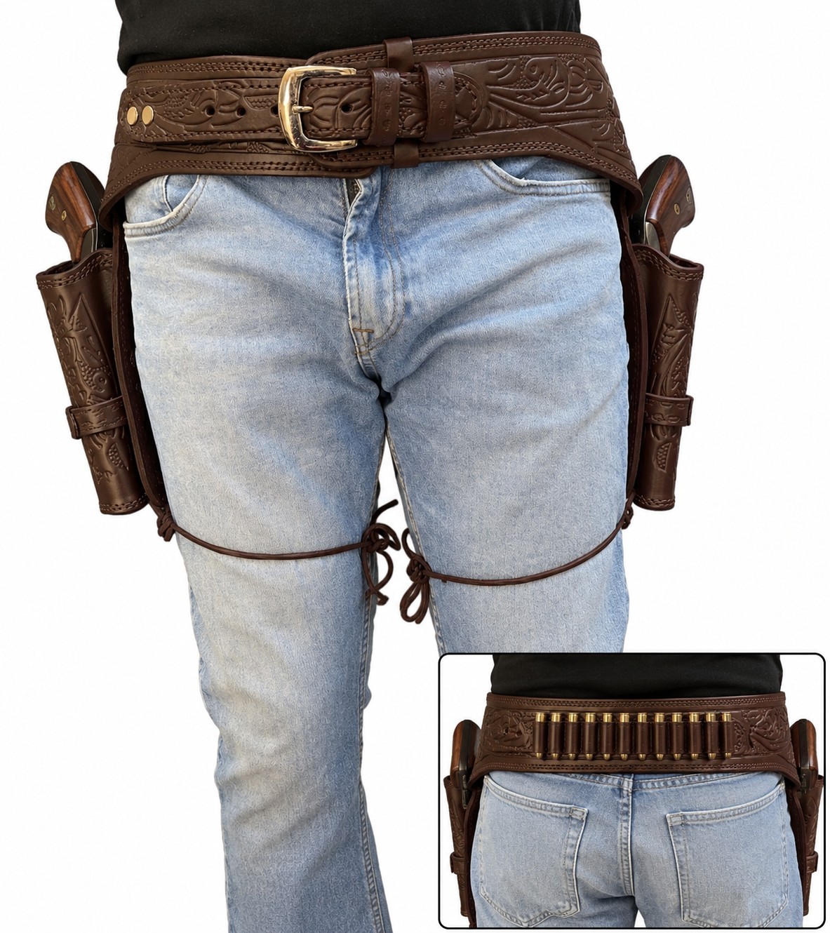 PISTOLA VAQUERA doble funda cuero real en relieve cinturón estilo vintage occidental