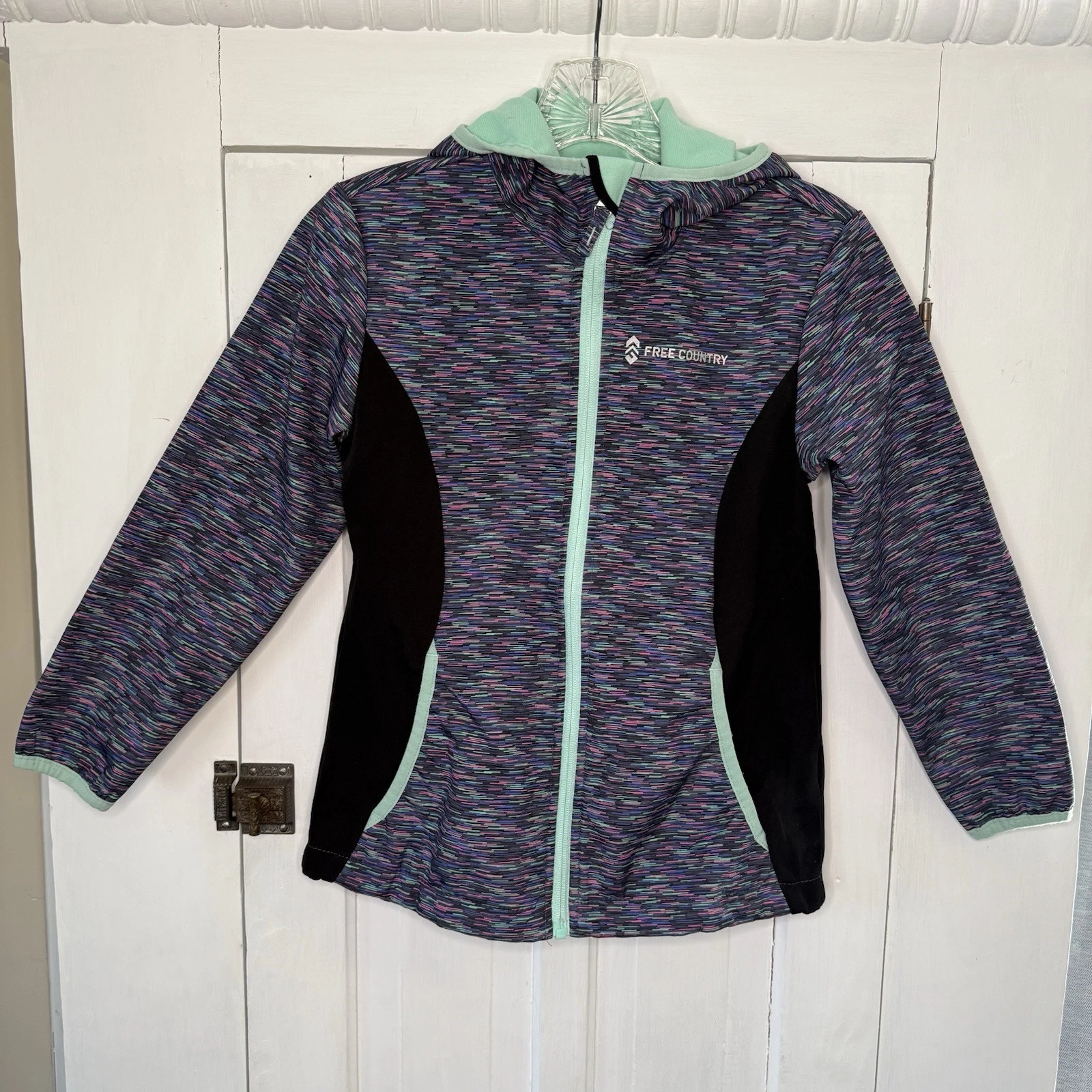 Free Country Girls Size Large 7/8 Soft Shell Hooded Jacket Multicolor Pink Green