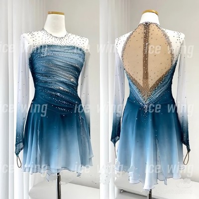 Ice Figure Skating Dress Elasticity Competition Skating Jeweled blue dyeing