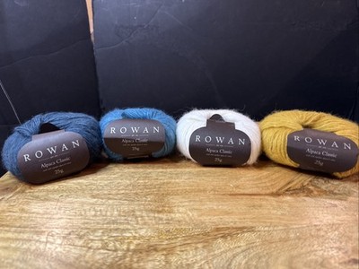 Rowan Alpaca Classic Yarn Lot 4 Blue, Off White, Gold Alpaca, Cotton 25g Each