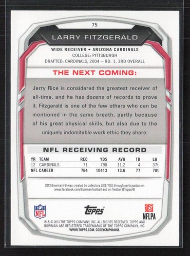 2013 Bowman #75 Larry Fitzgerald - Picture 2 of 2