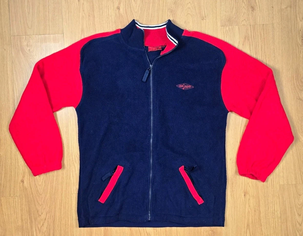 Chaqueta polar Lee Cooper vintage para hombre mediana roja azul bloque de color cremallera completa Y2K