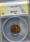New Listing1931 S Wheat Penny Mint State Anacs Certified MS 63. An Absolutely Stunning Coin