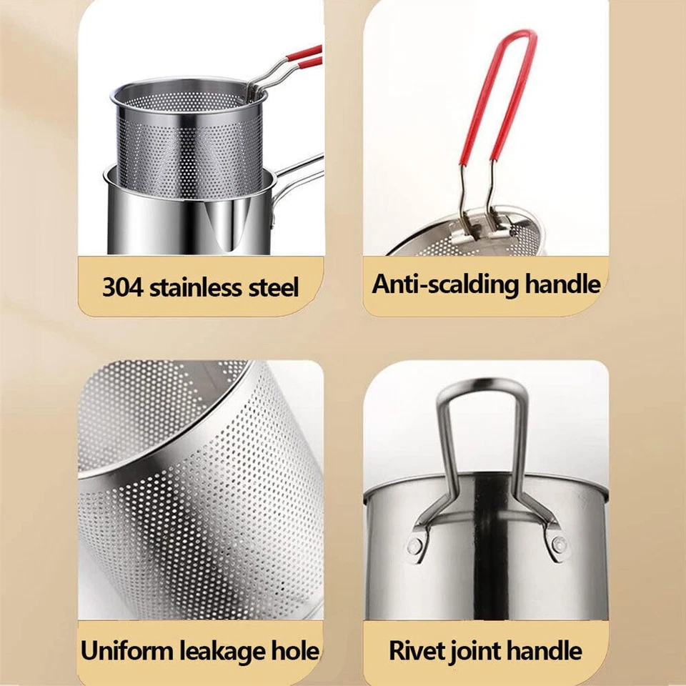 Edelstahl Fritteuse Set 12cm Frittierkorb Pfanne Küche Zange für Pommes frites - Bild 4 von 4