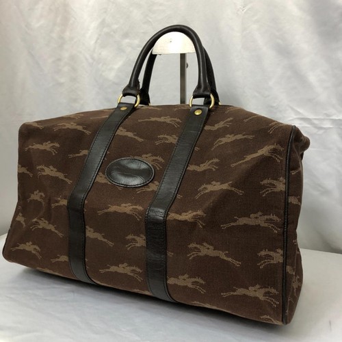 LONGCHAMP Logo Patterned Duffel Bag Travel Bag Brown Zipper Closure - Picture 2 of 17