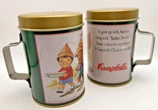 Vintage Tin Can Campbell’s Kids Salt & Pepper Shakers Handles Metal Clean