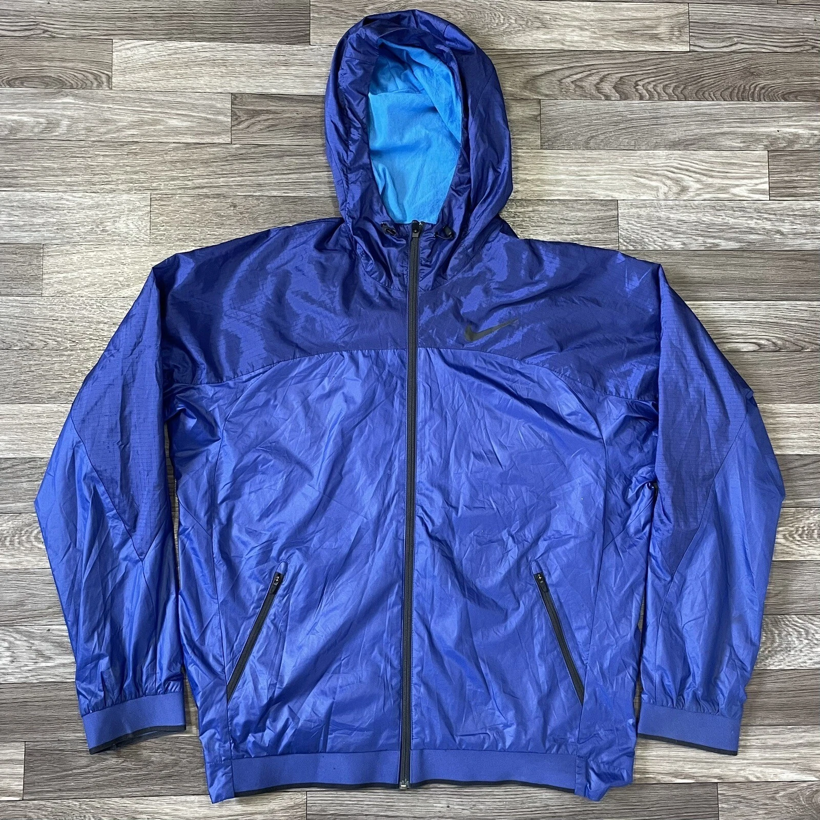 Nike Full Zip Windbreaker Jacket Men’s Large Hooded Solid Blue Swoosh Logo