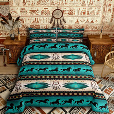 Southwestern Horse Duvet Insert Set - Bohemian Cowboy Bedding Full Size Green