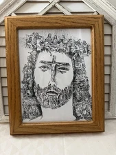 Vintage Face Of Eternity Jesus Cross Print M. M. Swanston Beautiful Wood Framed
