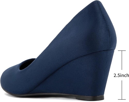 Greatonu Women's Wedge Pumps Closed Toe High Heel Slip on Office 6.5, Navy - Picture 4 of 7
