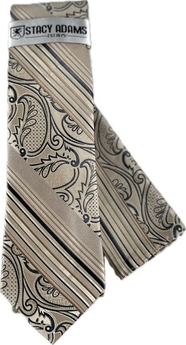 Stacy Adams Men's Tie & Hanky Beige Charcoal Grey Cream Paisley 3.25" Wide - Picture 5 of 6