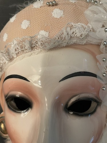 Vintage Clay Art Ceramic Face Wall Mask, White Feathers, Lace, Silver Beads 11" - Picture 4 of 13