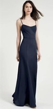 $275 Jenny Yoo Aniston Thin Strap Fit and Flare Long Crepe Gown, Midnight, 14