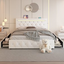 Full/Queen Size PU Leather Bed Frame with 4 Storage Drawers and Charging Station